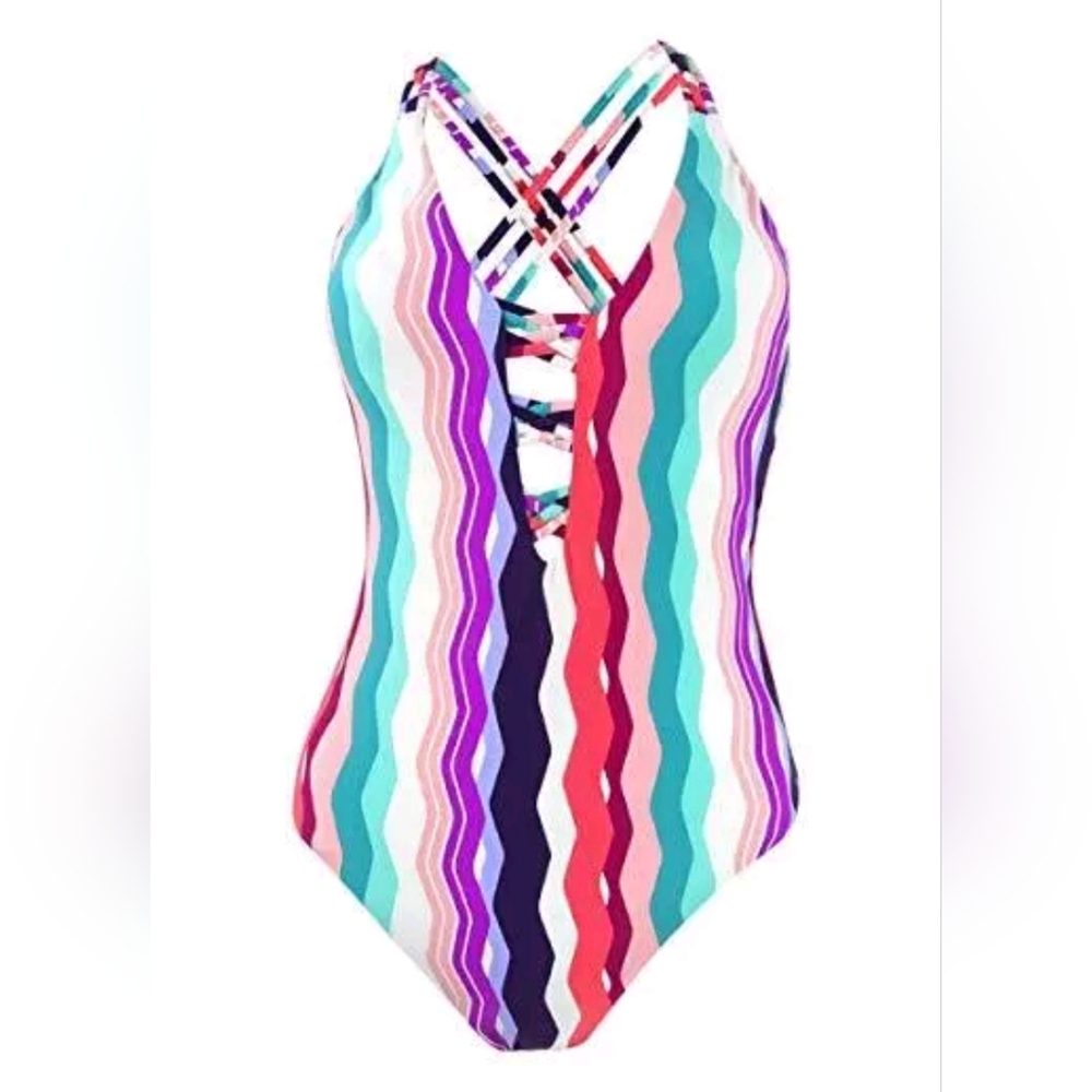Red and Pink One Piece Swimsuit with Plunging V-Neckline